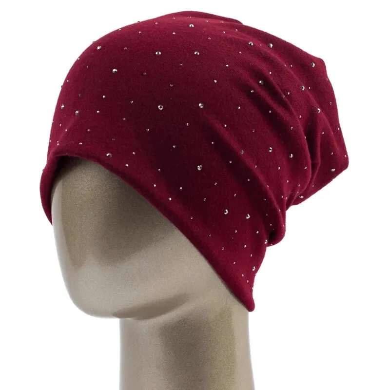 Stylish Solid Color Women's Beanie with Rhinestones - SF1689