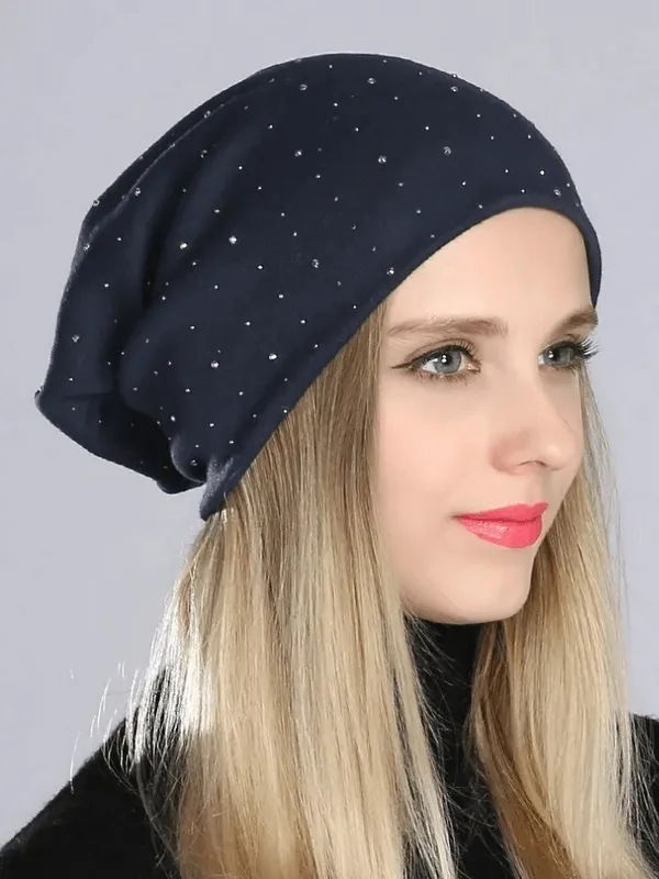 Stylish Solid Color Women's Beanie with Rhinestones - SF1689