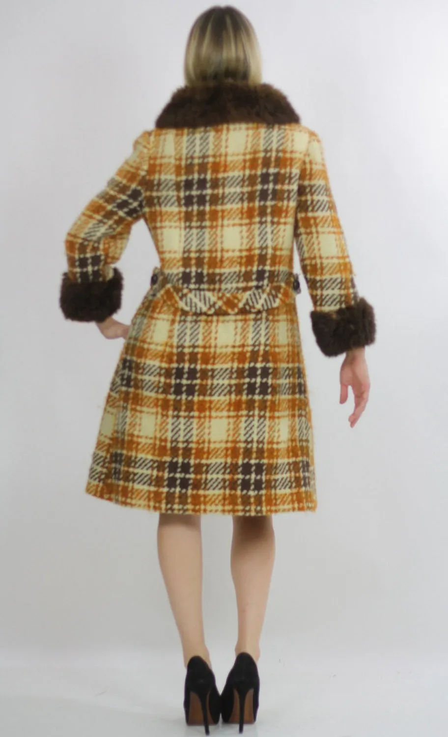 Vintage wool plaid coat 70s boho hippie shearling trim plaid coat  M