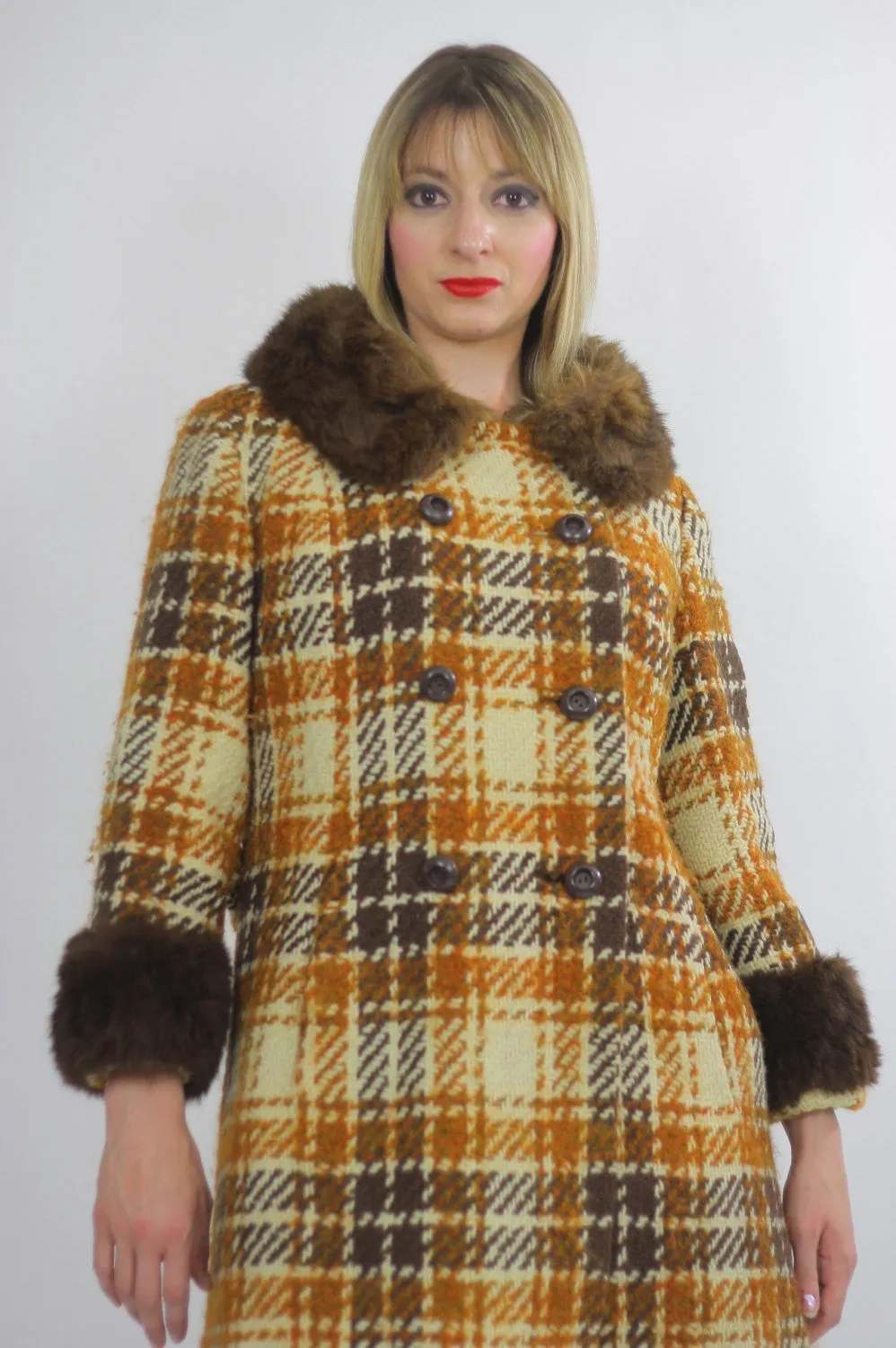 Vintage wool plaid coat 70s boho hippie shearling trim plaid coat  M