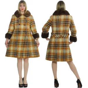 Vintage wool plaid coat 70s boho hippie shearling trim plaid coat  M