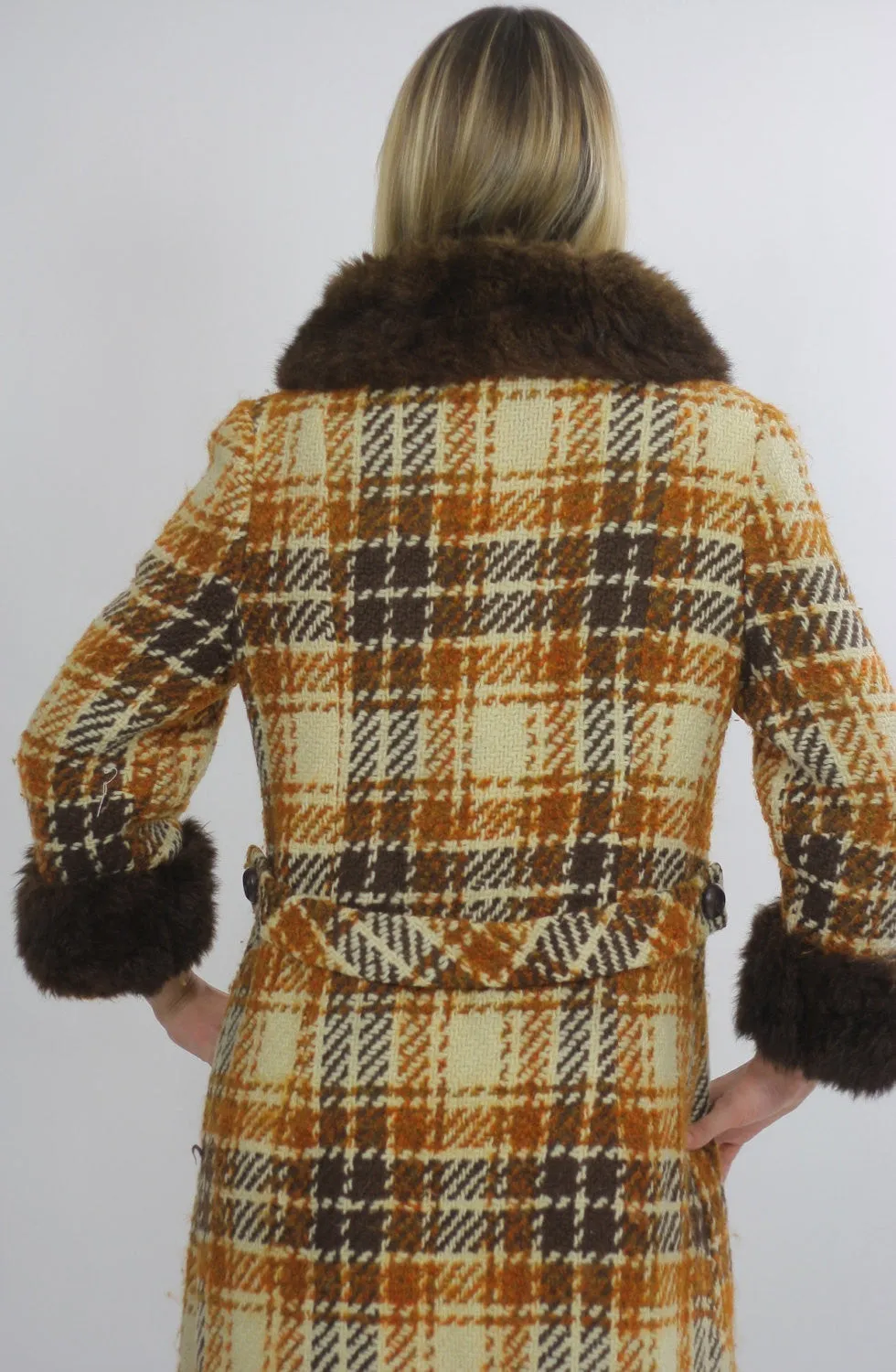 Vintage wool plaid coat 70s boho hippie shearling trim plaid coat  M