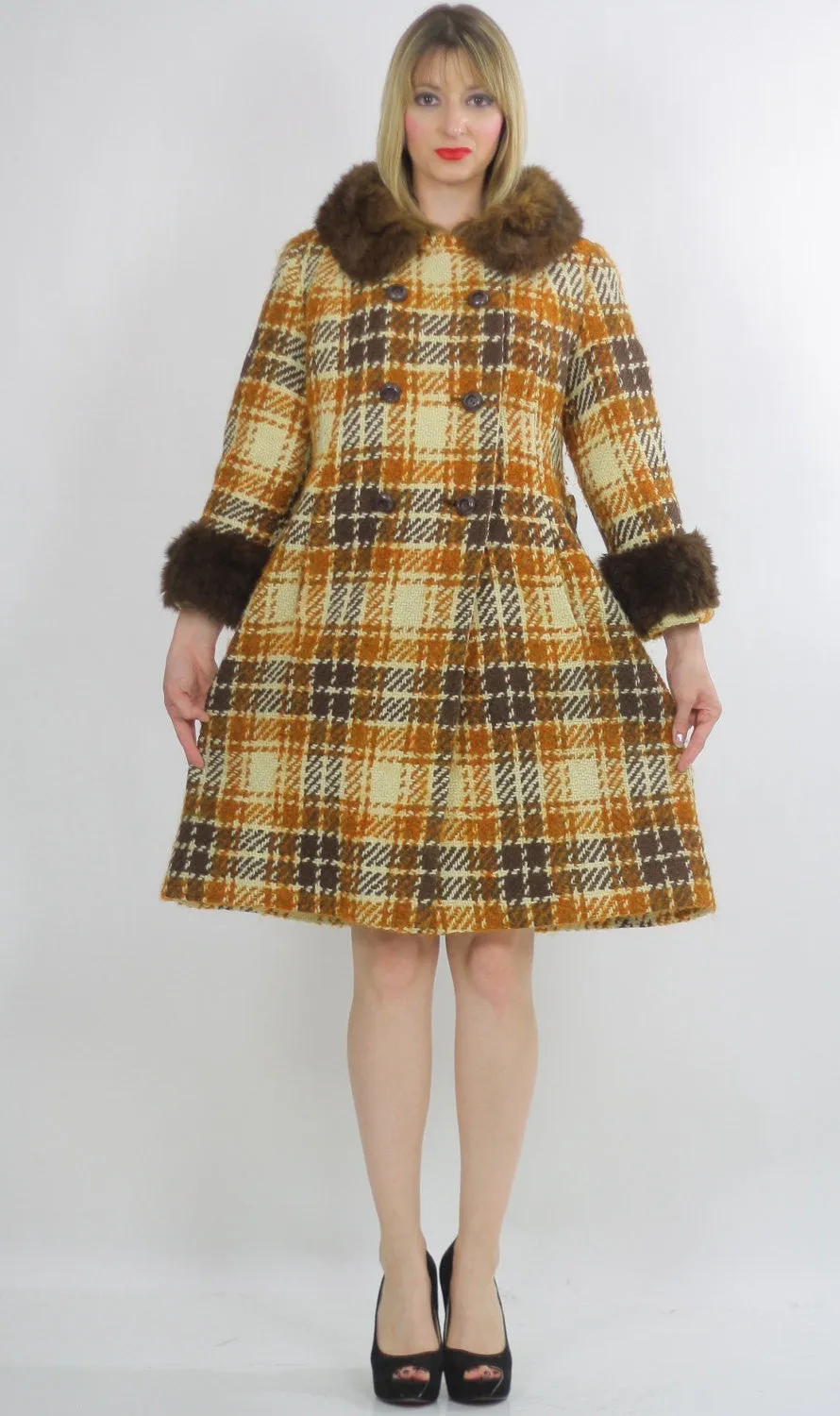 Vintage wool plaid coat 70s boho hippie shearling trim plaid coat  M