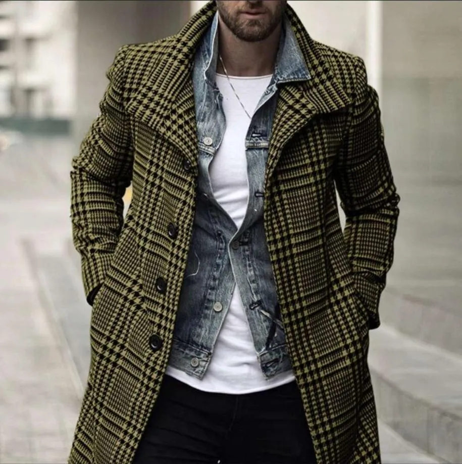 Voguable Mens Fashion Plaid Checked Trench Coat Brand Slim Fit Streetwear Overcoat Single Breasted Outwear Windbreaker Manteau Homme