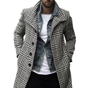 Voguable Mens Fashion Plaid Checked Trench Coat Brand Slim Fit Streetwear Overcoat Single Breasted Outwear Windbreaker Manteau Homme