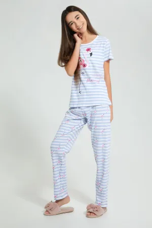 White And Blue Stripe Flamingo Pyjama Set (2 Piece)