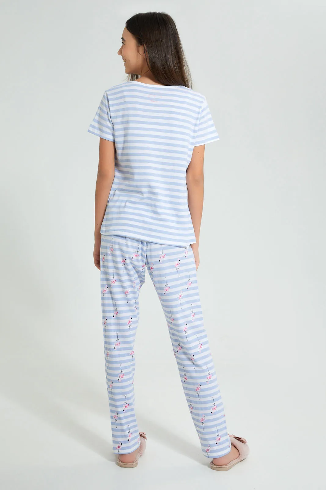 White And Blue Stripe Flamingo Pyjama Set (2 Piece)