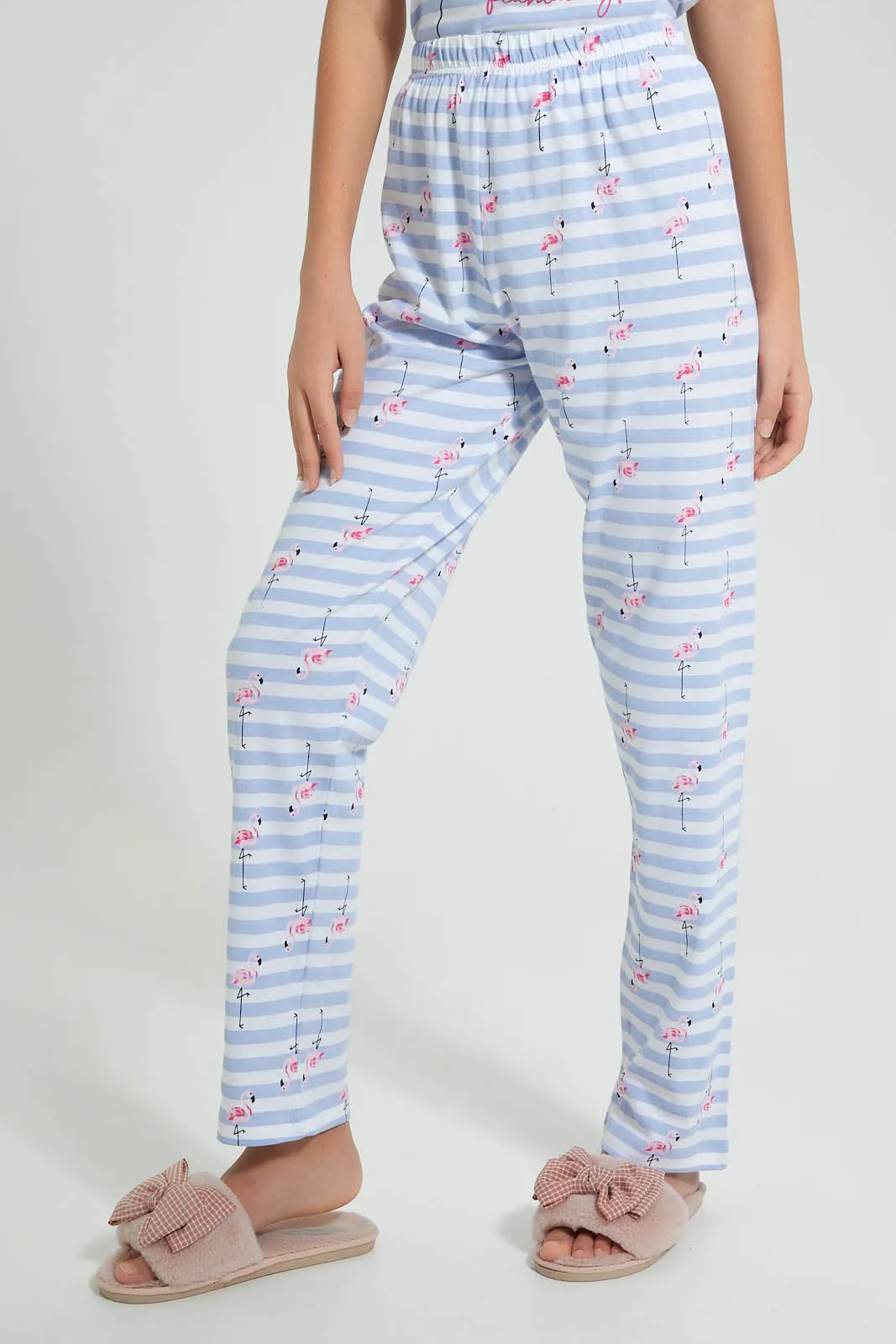White And Blue Stripe Flamingo Pyjama Set (2 Piece)
