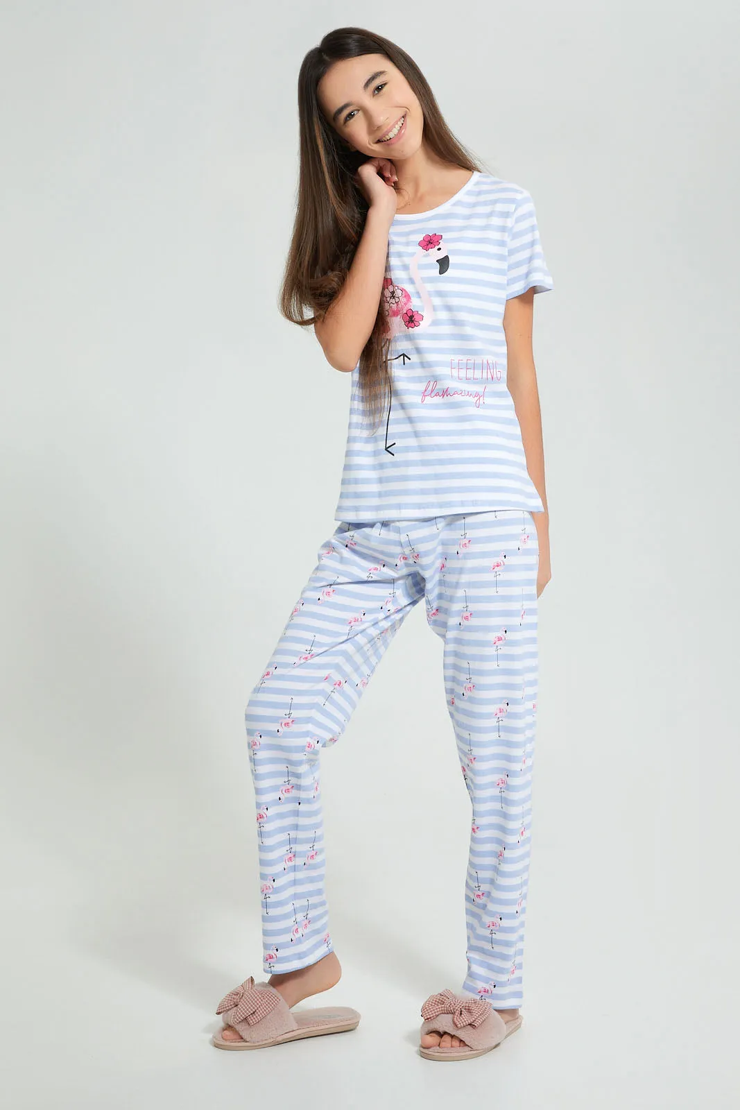 White And Blue Stripe Flamingo Pyjama Set (2 Piece)