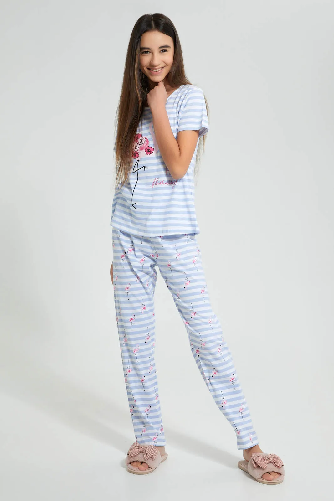White And Blue Stripe Flamingo Pyjama Set (2 Piece)
