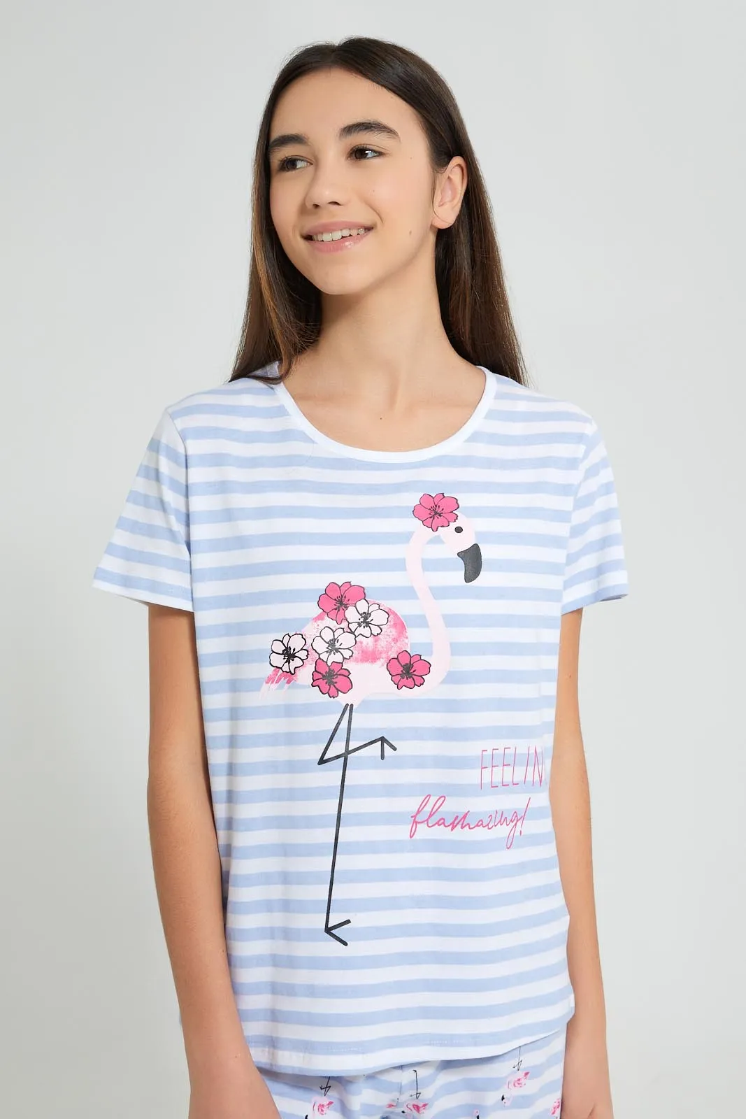 White And Blue Stripe Flamingo Pyjama Set (2 Piece)