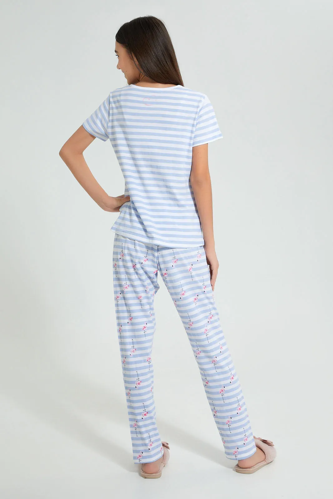 White And Blue Stripe Flamingo Pyjama Set (2 Piece)