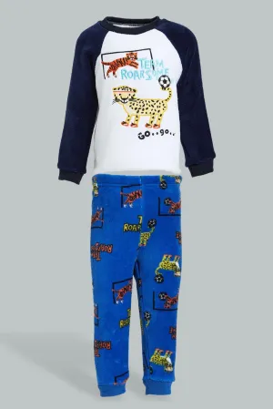 White And Navy Tiger Fluffy Pyjama Set (2 Piece)