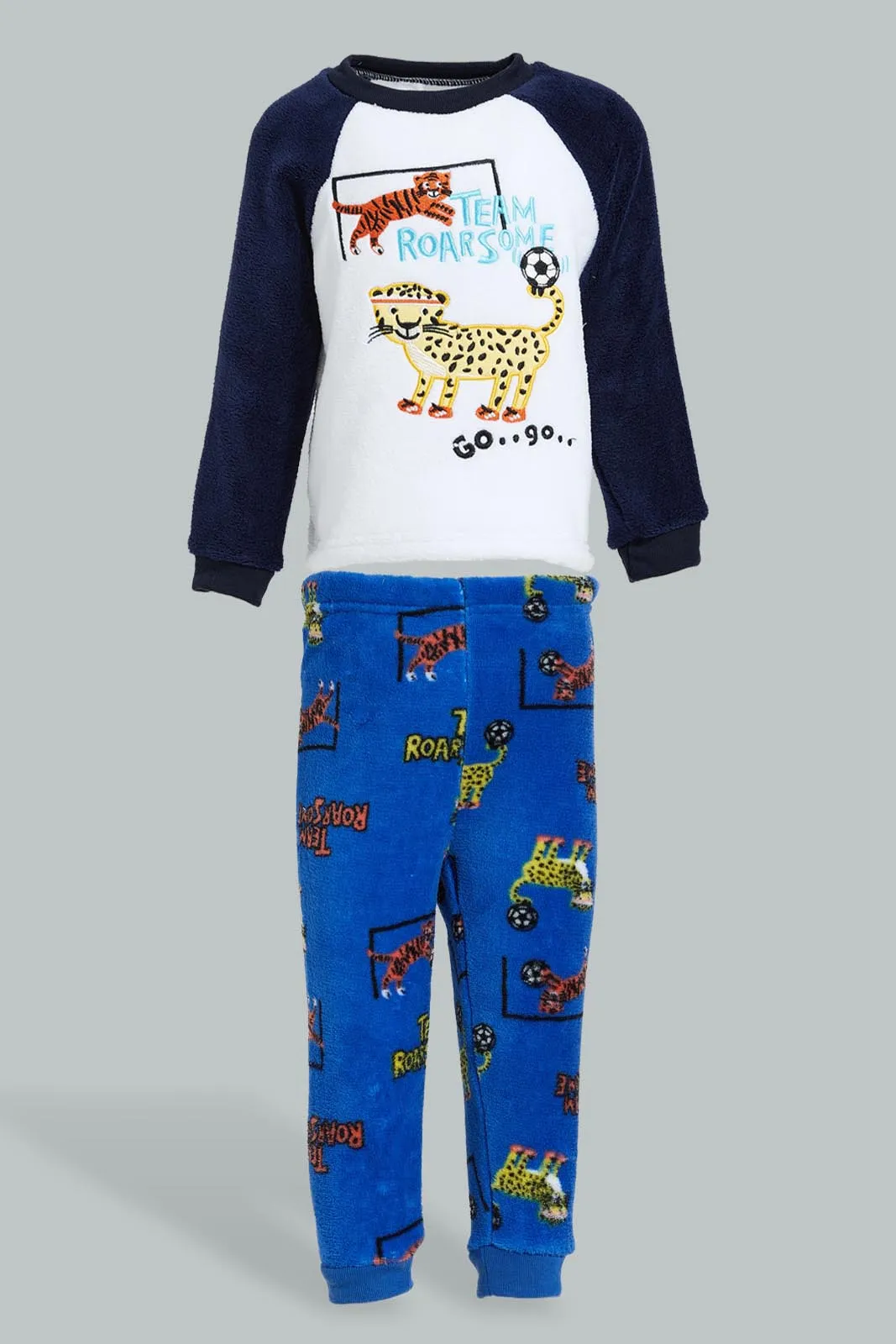 White And Navy Tiger Fluffy Pyjama Set (2 Piece)