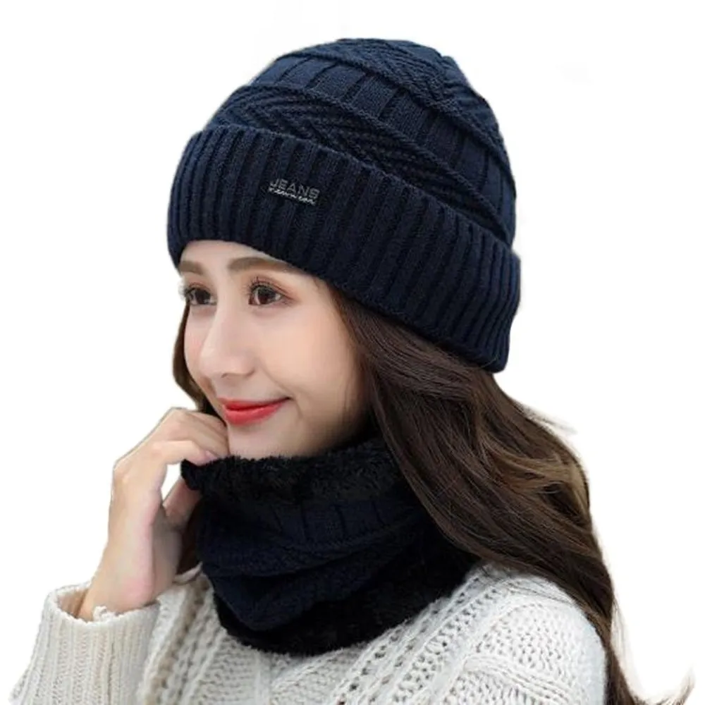 Winter Warm Knitted Beanie and Warm Scarf Set for Women - Navy Color