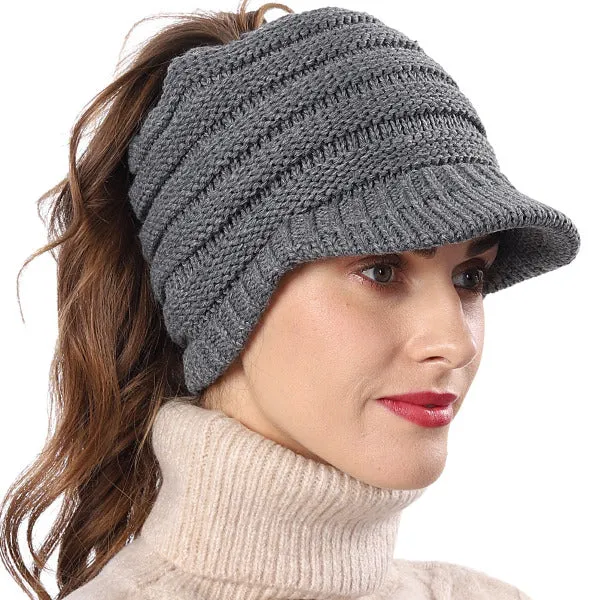 Women Knit Messy Bun Ponytail Visor Beanie Hat – Fleece Linning