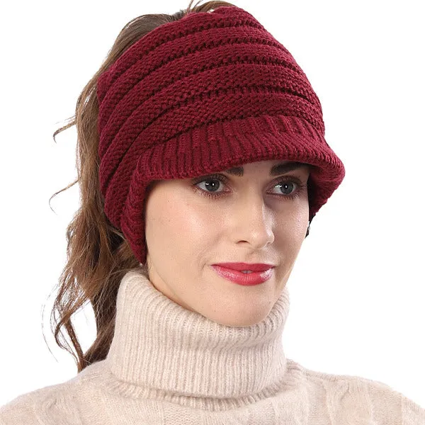 Women Knit Messy Bun Ponytail Visor Beanie Hat – Fleece Linning