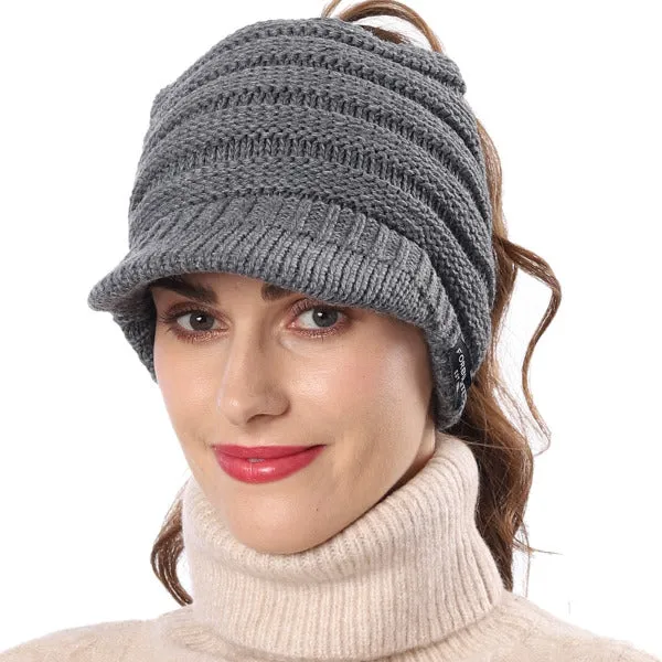 Women Knit Messy Bun Ponytail Visor Beanie Hat – Fleece Linning