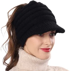Women Knit Messy Bun Ponytail Visor Beanie Hat – Fleece Linning