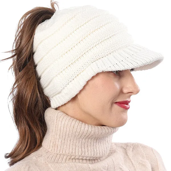 Women Knit Messy Bun Ponytail Visor Beanie Hat – Fleece Linning