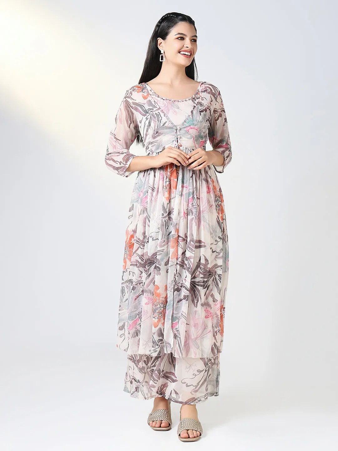 Women Peach Floral Printed Co Ords Set with Overcoat