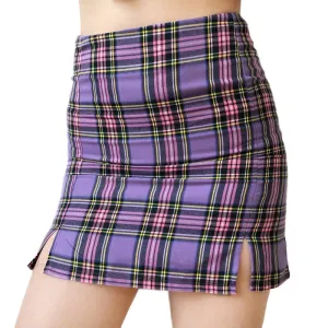 Women Zipper Opening Plaid Print Pencil Skirt With Two Small Front Slits in Grunge Style
