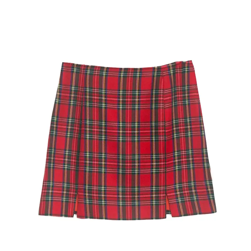 Women Zipper Opening Plaid Print Pencil Skirt With Two Small Front Slits in Grunge Style