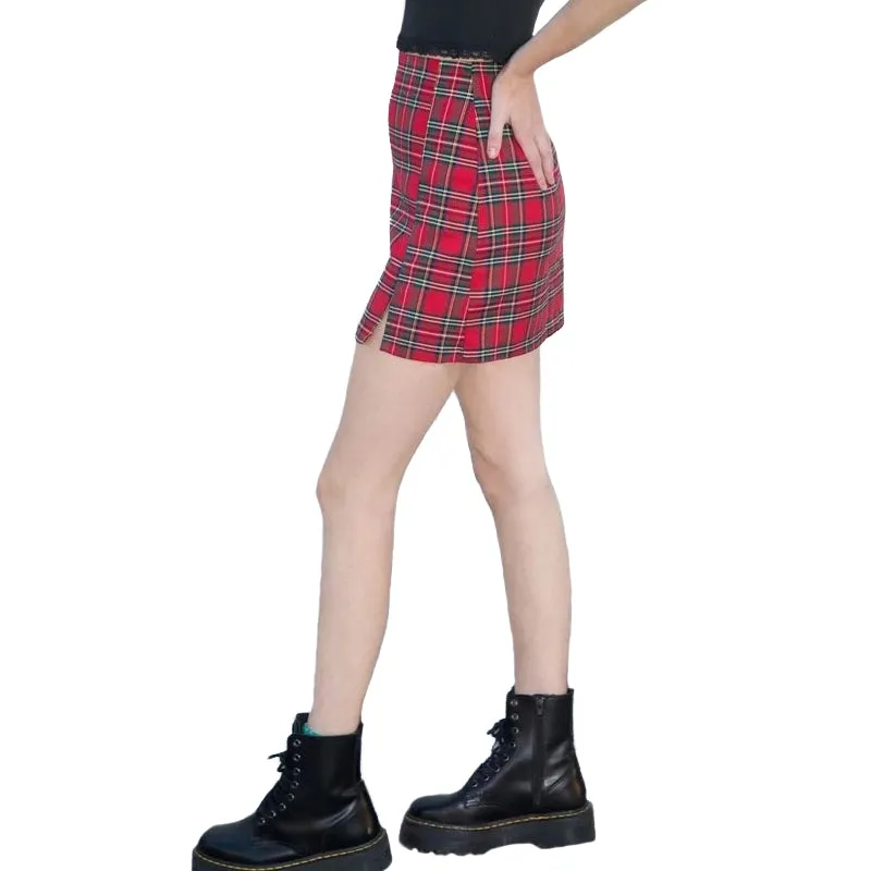 Women Zipper Opening Plaid Print Pencil Skirt With Two Small Front Slits in Grunge Style