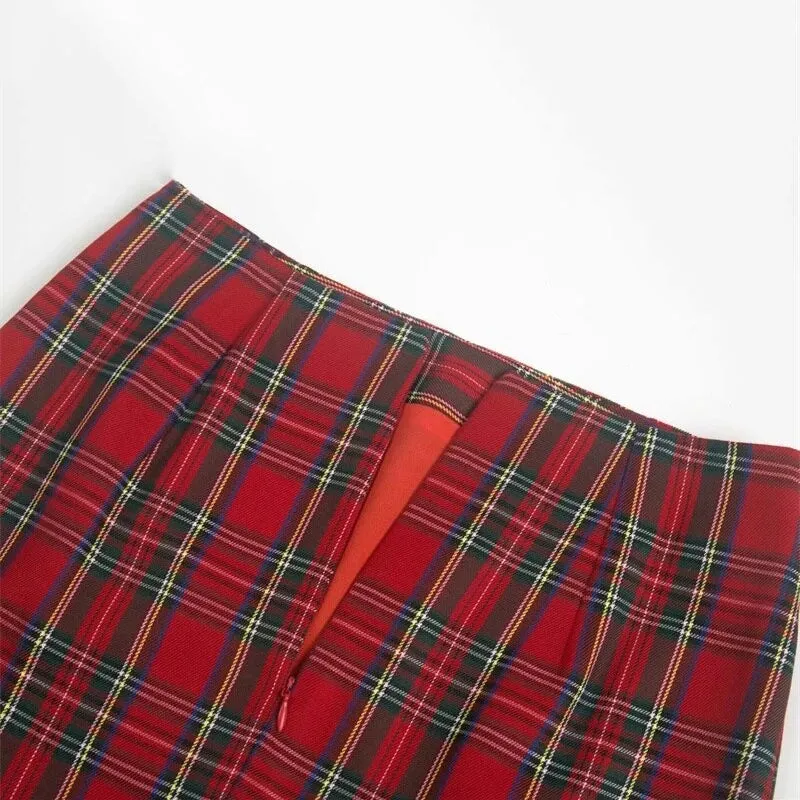 Women Zipper Opening Plaid Print Pencil Skirt With Two Small Front Slits in Grunge Style