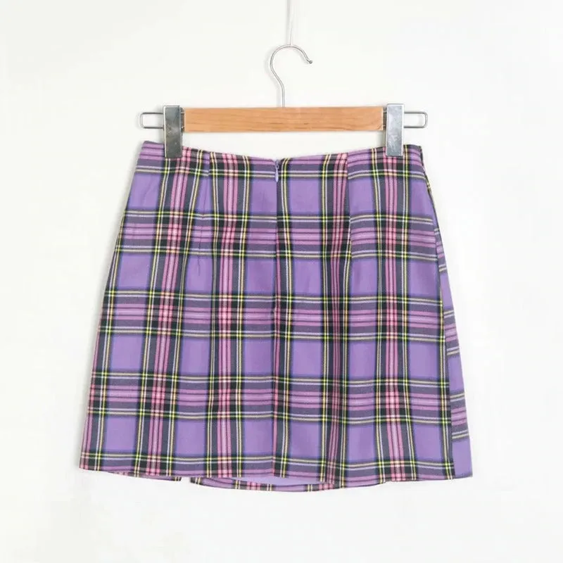 Women Zipper Opening Plaid Print Pencil Skirt With Two Small Front Slits in Grunge Style
