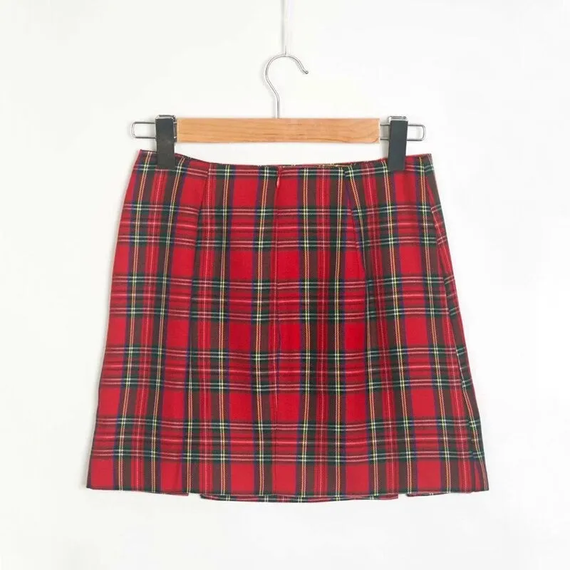 Women Zipper Opening Plaid Print Pencil Skirt With Two Small Front Slits in Grunge Style